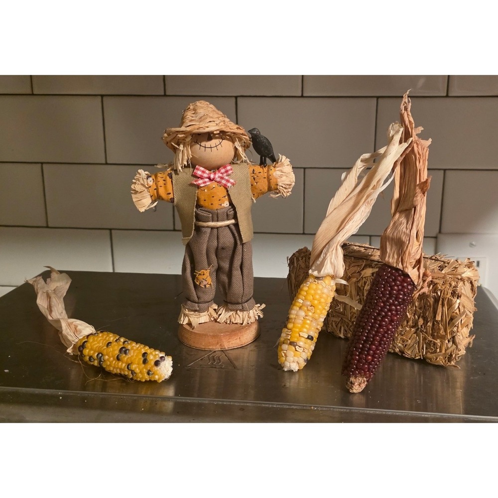 Scarecrow Decor Set Brown Fall Harvest Indian Corn Hay Bale mini
